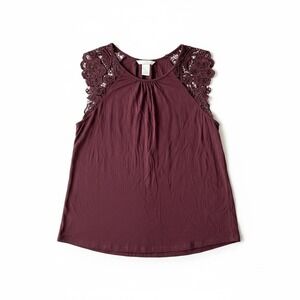 Burgundy Lace Shoulder Tank Top Women's Size S Boho Romantic Viscose